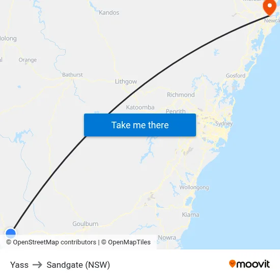 Yass to Sandgate (NSW) map