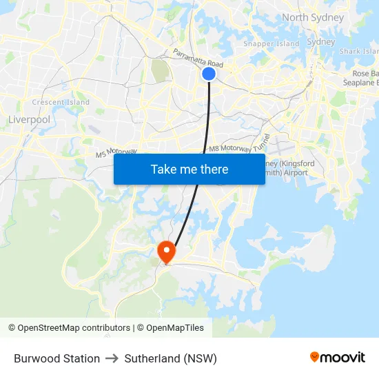 Burwood Station to Sutherland (NSW) map