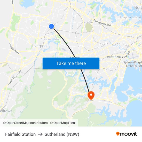 Fairfield Station to Sutherland (NSW) map