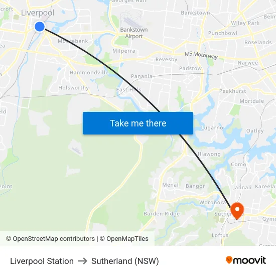 Liverpool Station to Sutherland (NSW) map