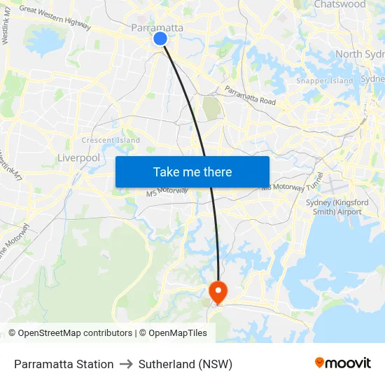 Parramatta Station to Sutherland (NSW) map