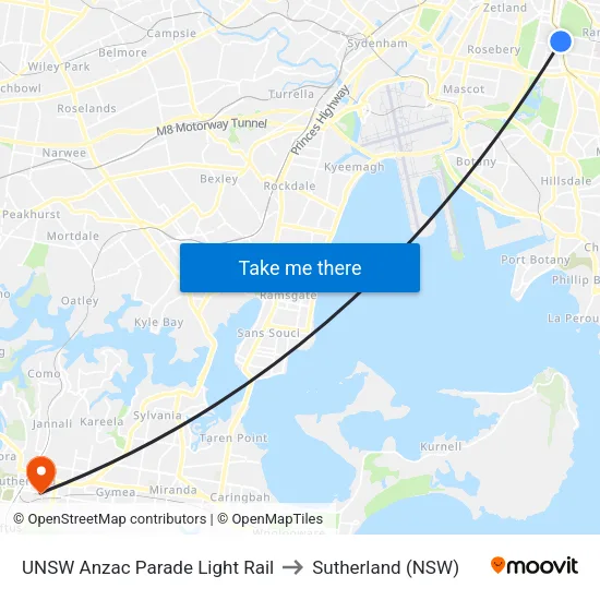 UNSW Anzac Parade Light Rail to Sutherland (NSW) map