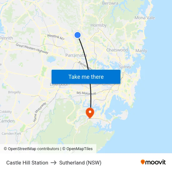 Castle Hill Station to Sutherland (NSW) map
