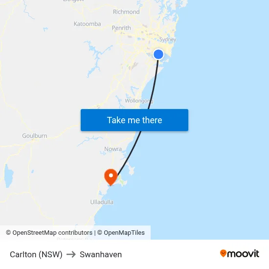 Carlton (NSW) to Swanhaven map