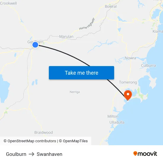 Goulburn to Swanhaven map