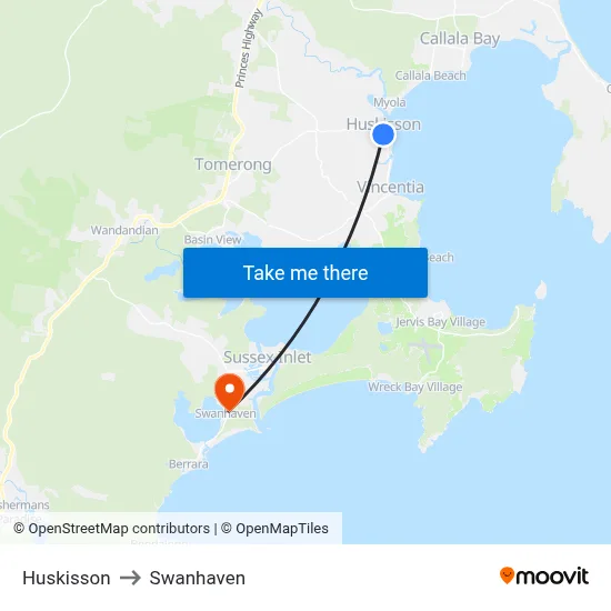 Huskisson to Swanhaven map