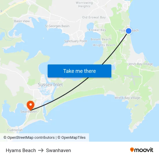 Hyams Beach to Swanhaven map