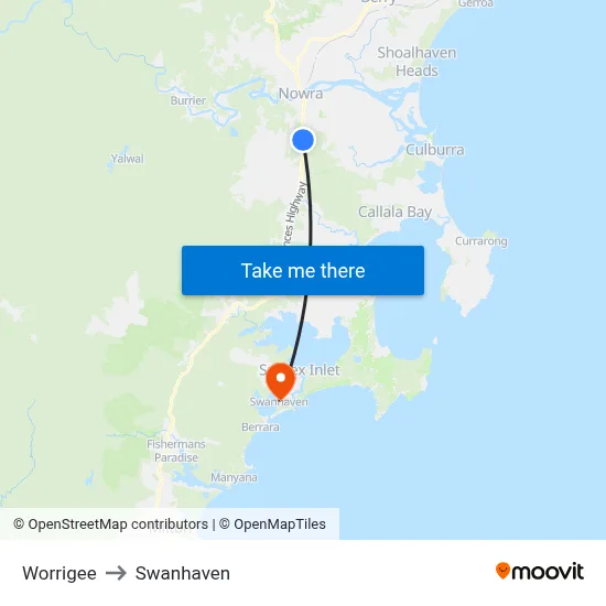 Worrigee to Swanhaven map