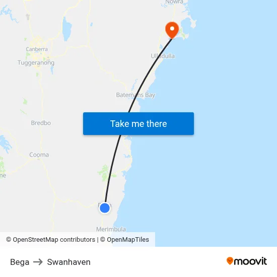 Bega to Swanhaven map