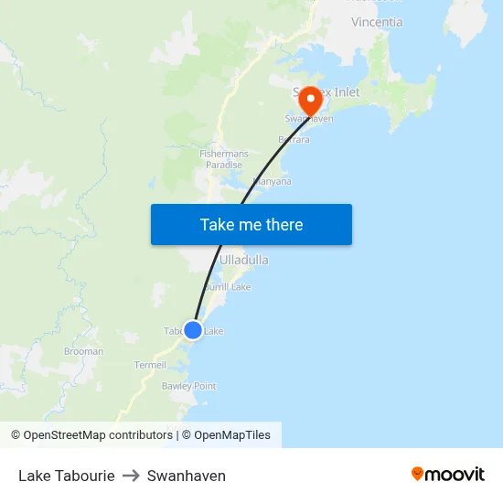 Lake Tabourie to Swanhaven map