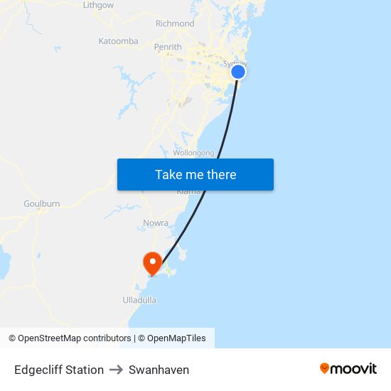 Edgecliff Station to Swanhaven map