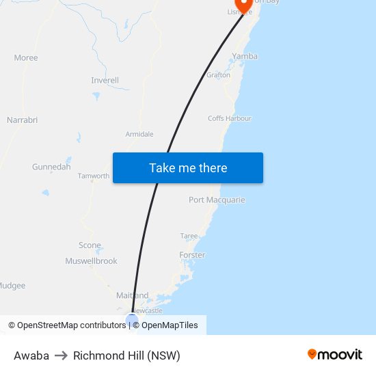Awaba to Richmond Hill (NSW) map