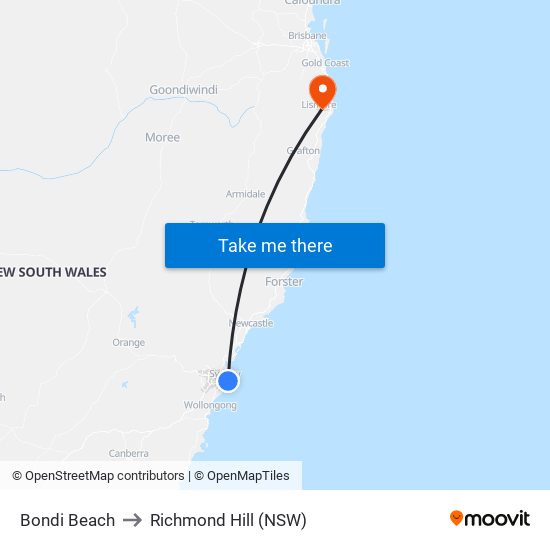 Bondi Beach to Richmond Hill (NSW) map