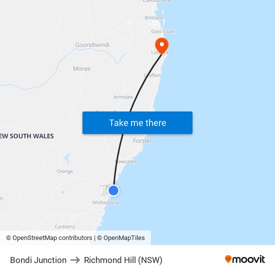 Bondi Junction to Richmond Hill (NSW) map