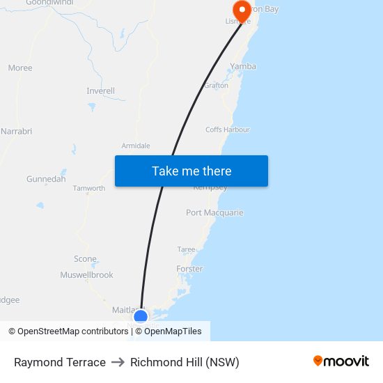 Raymond Terrace to Richmond Hill (NSW) map