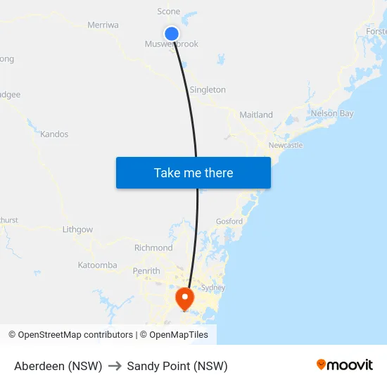Aberdeen (NSW) to Sandy Point (NSW) map