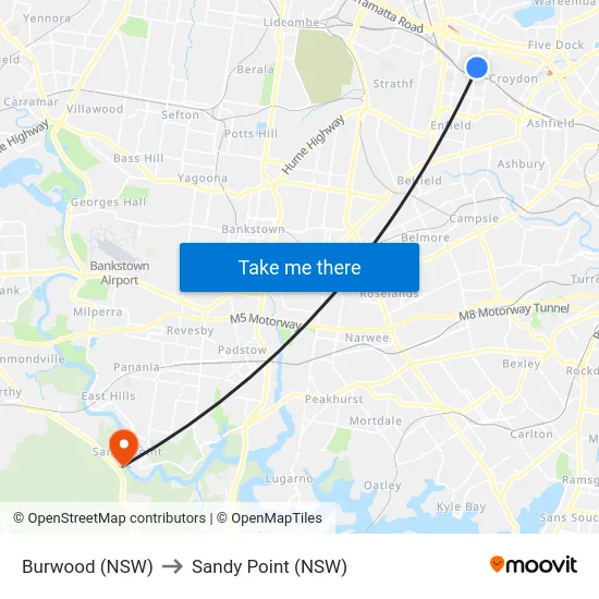 Burwood (NSW) to Sandy Point (NSW) map