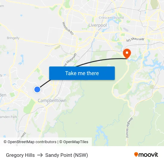 Gregory Hills to Sandy Point (NSW) map