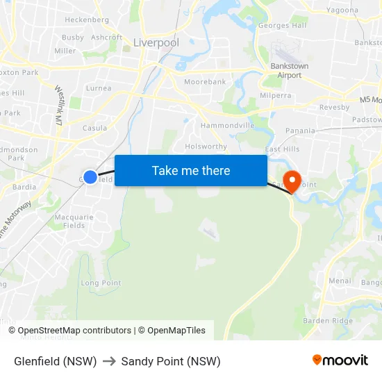 Glenfield (NSW) to Sandy Point (NSW) map