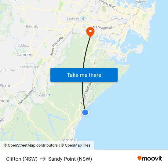 Clifton (NSW) to Sandy Point (NSW) map