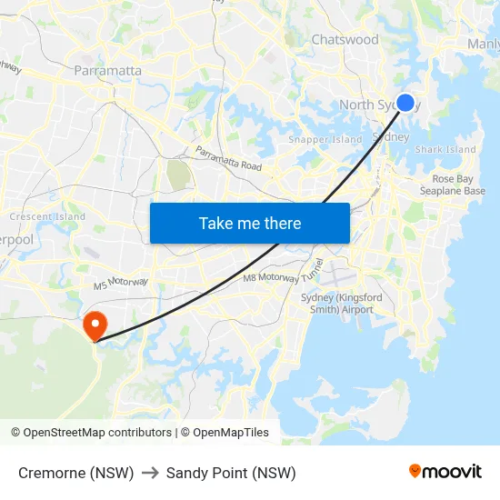 Cremorne (NSW) to Sandy Point (NSW) map