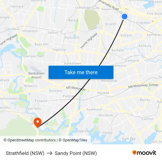 Strathfield (NSW) to Sandy Point (NSW) map