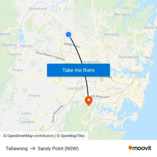 Tallawong to Sandy Point (NSW) map