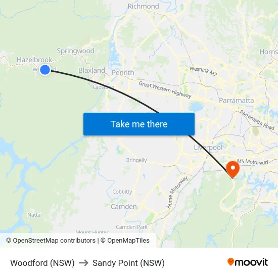 Woodford (NSW) to Sandy Point (NSW) map