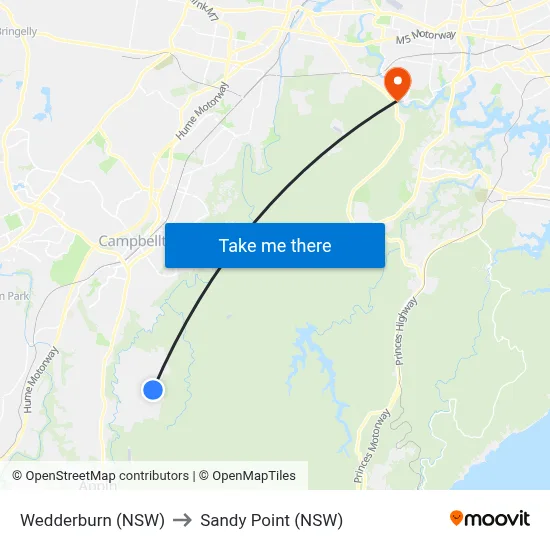 Wedderburn (NSW) to Sandy Point (NSW) map