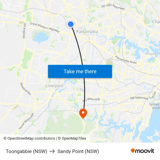 Toongabbie (NSW) to Sandy Point (NSW) map