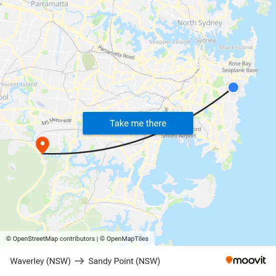 Waverley (NSW) to Sandy Point (NSW) map