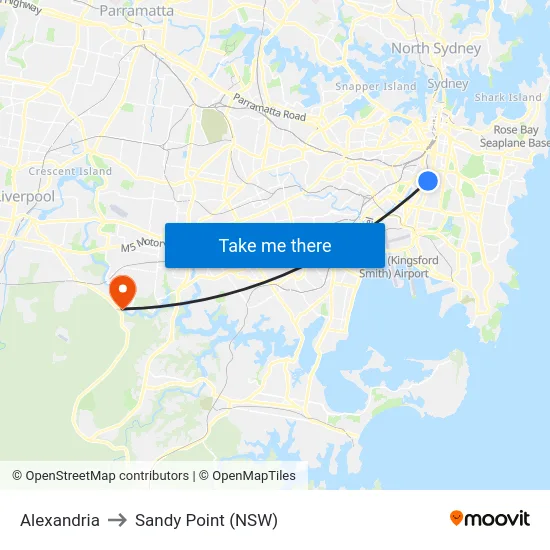 Alexandria to Sandy Point (NSW) map