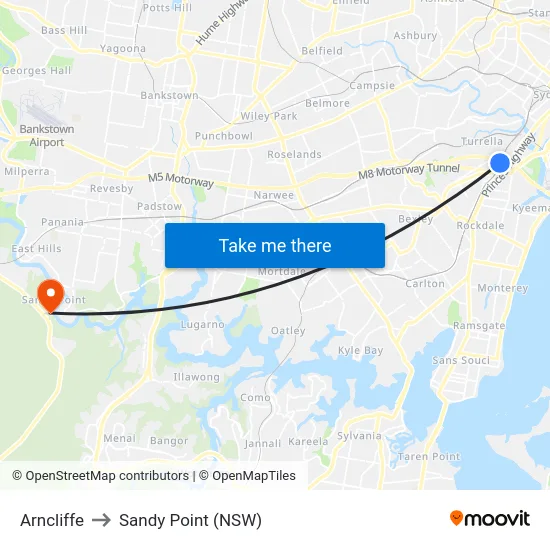 Arncliffe to Sandy Point (NSW) map