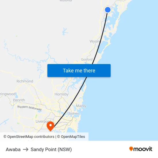 Awaba to Sandy Point (NSW) map