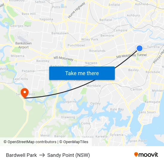 Bardwell Park to Sandy Point (NSW) map
