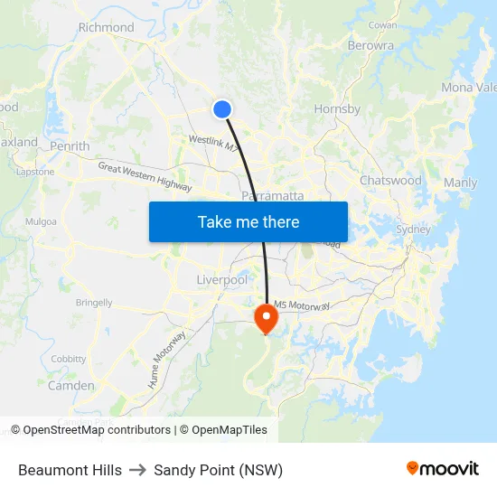 Beaumont Hills to Sandy Point (NSW) map