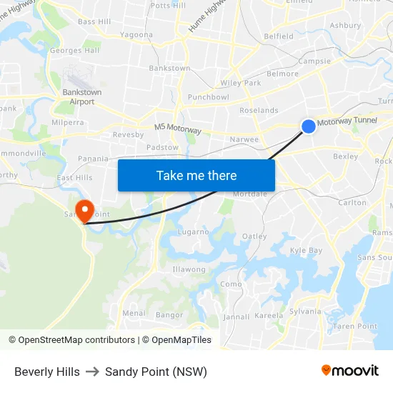 Beverly Hills to Sandy Point (NSW) map