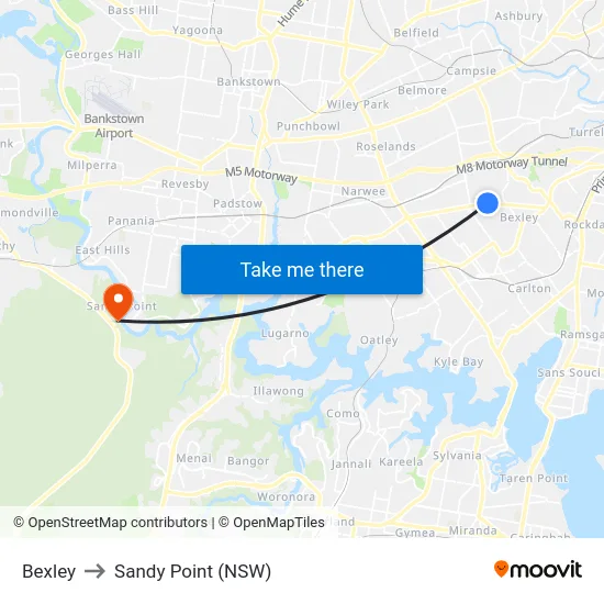 Bexley to Sandy Point (NSW) map