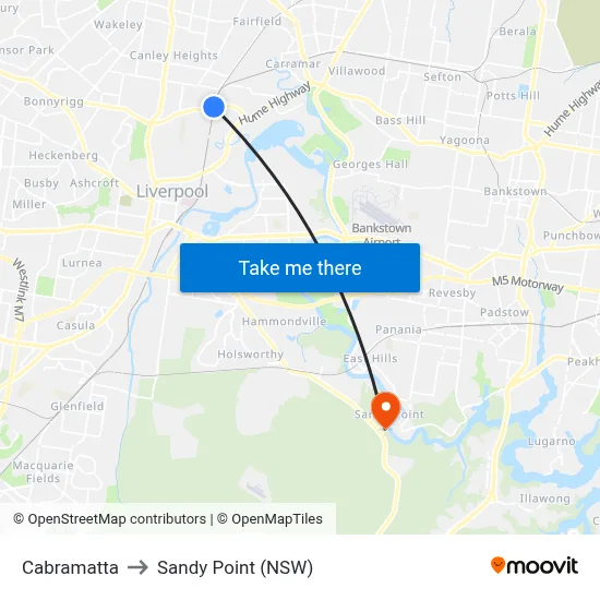 Cabramatta to Sandy Point (NSW) map