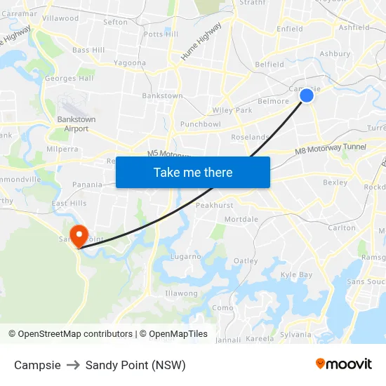 Campsie to Sandy Point (NSW) map