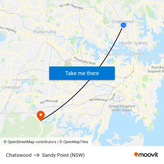 Chatswood to Sandy Point (NSW) map