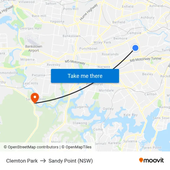 Clemton Park to Sandy Point (NSW) map