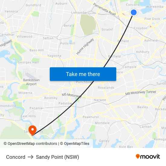 Concord to Sandy Point (NSW) map