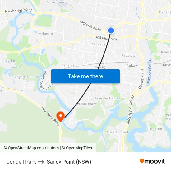 Condell Park to Sandy Point (NSW) map