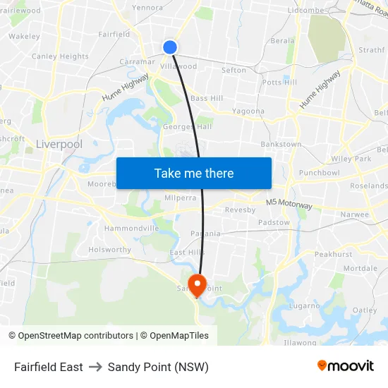 Fairfield East to Sandy Point (NSW) map
