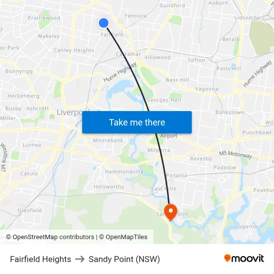 Fairfield Heights to Sandy Point (NSW) map
