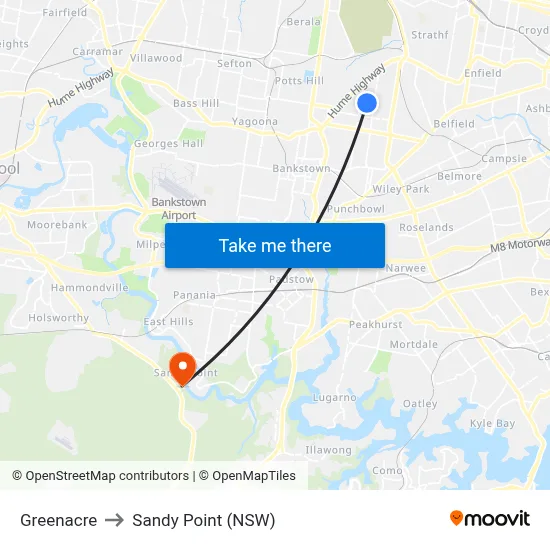 Greenacre to Sandy Point (NSW) map