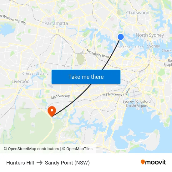 Hunters Hill to Sandy Point (NSW) map