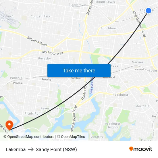Lakemba to Sandy Point (NSW) map