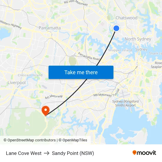 Lane Cove West to Sandy Point (NSW) map